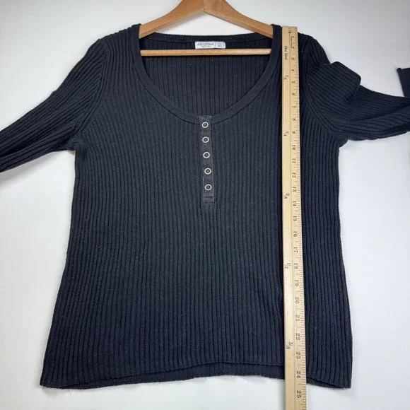 Vintage Y2K 90s Ribbed Henley Women 2X Black Knit Top Snap Front Fitted Scoop - Picture 5 of 8